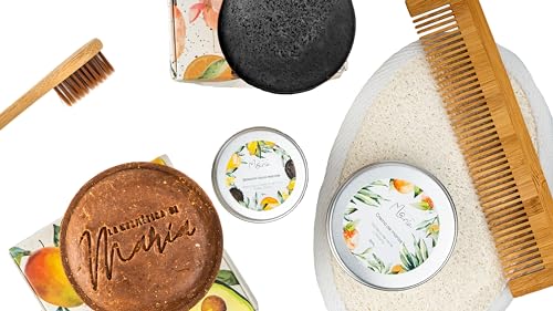 RUTINA DE VIAJE - Champú sólido, jabón exfoliante, crema de manos, bálsamo labial, cepillo de dientes, esponja plana y peine - 100% ecológico y natural