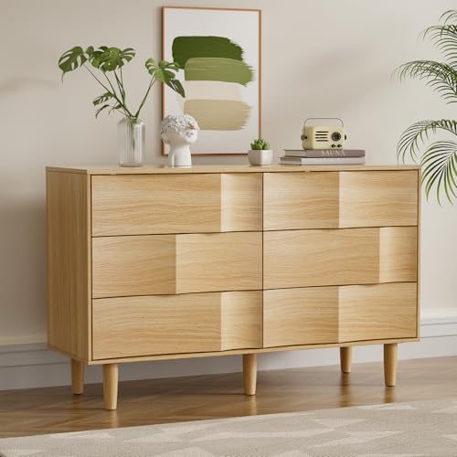 VOPEAK Dresser with Soft Close,Reinforced 6 Drawer Dresser,Natura Wood Texture Double Dresser with Solid Wood Leg,Mid Century Modern Wooden Chest of Drawers for Bedroom 47\" W x 16\" D x 30\" H, Oak