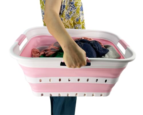 Image of SAMMART 42L (11 gallon) Collapsible Plastic Laundry Basket - Foldable Pop Up Storage Container /Organizer - Space Saving Hamper /Basket (1, Wt /Cherry Pink)