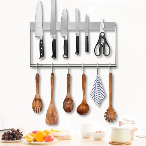 JNUYISW Magnetleiste Messer, 40 cm Messerhalter Magnetisch aus Edelstahl mit 6 Haken Einfache Montage Magnetischer Messerblock mit extra Starkem...