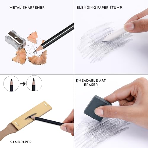 Image of BRUSTRO Black White Charcoal Drawing Set of 13 Pcs in a Metal Box| Ideal For Sketching, Shading, Blending, Illustration, Portraits, Landscape and Fine Arts