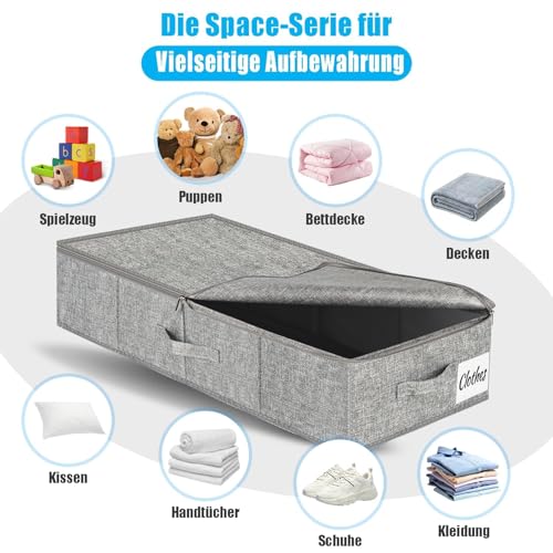 Unterbett Aufbewahrungsbox mit Deckel, 2 Stück Faltbar Unterbettkommode, Waschbar Kleideraufbewahrung & Organisation, 3 Griffen Doppelreißverschluss Aufbewahrungsboxen für Kleidung Decken, 76x40x17cm