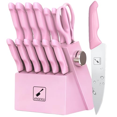 imarku Pink Kitchen Knife Set - 14-Piece Stainless Steel Knife Set with Block and Build-in Sharpener, Gift for Women, Anti-Slip Handle, Dishwasher Safe