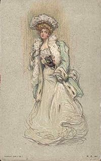 Drawing of blonde woman in full white gown, green jacket with white trim Original Antique Postcard