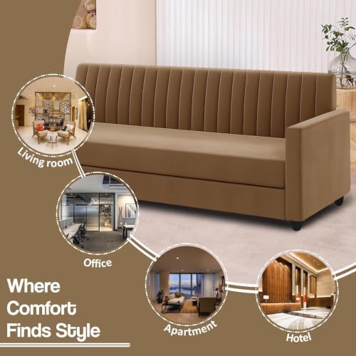 Image of 3+2 Fabric Sofa Set with Ottoman for Living Room | Modern 5-Seater Sofa Couch | with Soft Cushion, Premium Velvet Fabric - Golden Color