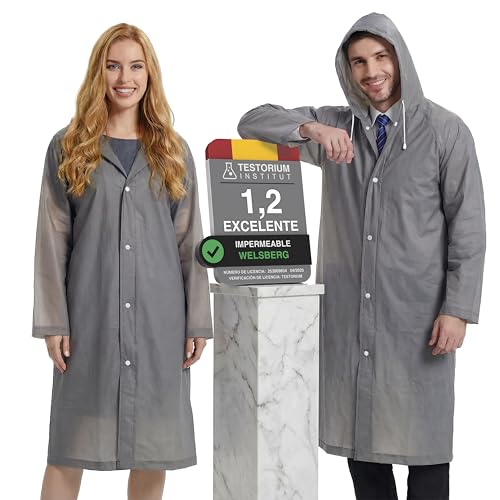 welsberg 2 Piezas Poncho de Lluvia Impermeable con Capucha y Mangas, Reutilizable, Chubasqueros Impermeable para Hombre y Mujer, Ropa de Agua para Viajes y Exteriores, Talla Única, Gris
