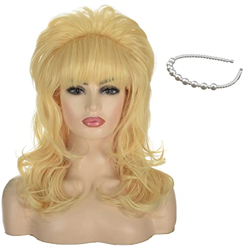 Perruque Rétro de Ruche Blonde avec Bandeau de Perles, Perruque de Femme au foyer Blonde longue ondulée ATAYOU des années 80 Bouffant Vintage Blonde Beige Wig (Beige 717) Cover