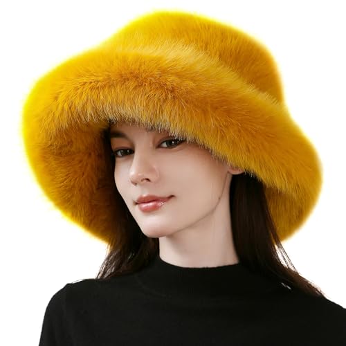 Dikoaina Luxury Faux Fur Bucket Hat for Women Girl Oversized Brim Super Soft & Fluffy Winter Hat Cozy Fur-Like Beanie (US Alpha One Size Yellow)