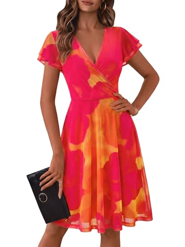 ZABERRY Orange Dresses for Women Vacation Red Summer Floral Wedding Guest Flowy Wrap Cocktail Mesh...