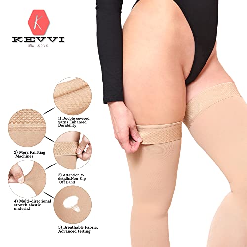 Kevvi Thigh High Compression Stockings For Women & Men, Full Leg Ted Hose 20-30 Mmhg, Open Toe, Maternity Compression Hose, Thigh High Compression Socks For Women, Medical Support Hose (Beige, Medium) #TOP5