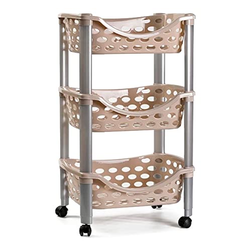 AC - Carrito verdulero de plástico con 3 Niveles y Ruedas - PLFT Aire - Cestas apilables portaobjetos - Cocina, baño - 65 x 39,5 x 29,5 cm - Marrón con Patas Grises