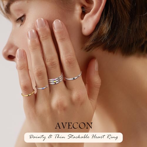 925 Sterling Silver Heart Ring for Women, 1mm Ultra Thin 14K Plated Gold Hypoallergenic Wedding Band with Black/Yellow/Red/Blue/Pink Love, Promise Stack Travel Jewelry Gifts Size 5-102
