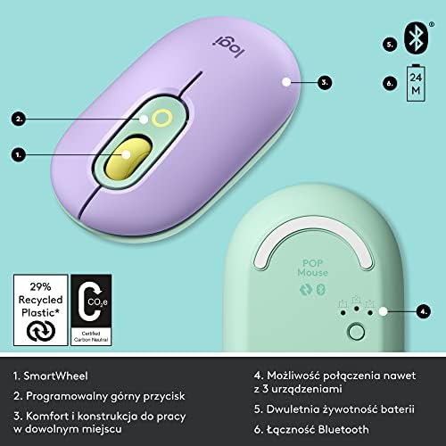 Logitech POP bezprzewodowa myszka - custom emoji, technologia SilentTouch, precyzja przewijania, kompaktowy design, Bluetooth, obsługa wielu urządzeń, zgodność OS - Daydream