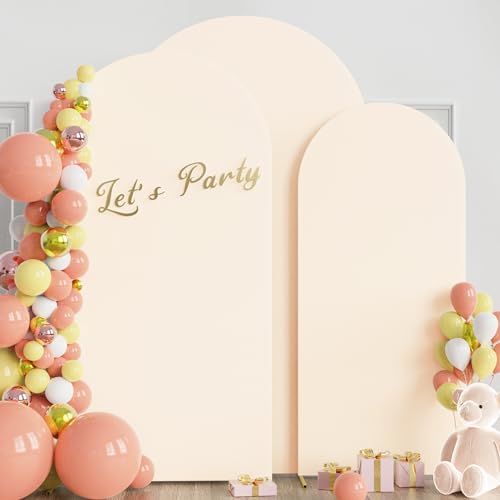 Image of Wokceer Wedding Arch Backdrop Cover (8FT, 7.2FT, 6.6FT) Set of 3 Spandex Fitted Wedding Arch Stand Covers Round Top Chiara Backdrop Stands Cover for Birthday Party Ceremony Banquet Decor Beige