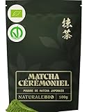 NaturaleBio Thé Vert Matcha Bio en Poudre. Grade Cérémonial, 100g. Produit au Japon, Uji, Kyoto. Idéal avec du lait ou pour la Cérémonie du Thé. Sans Sucres Ajoutés ni Conservateurs.