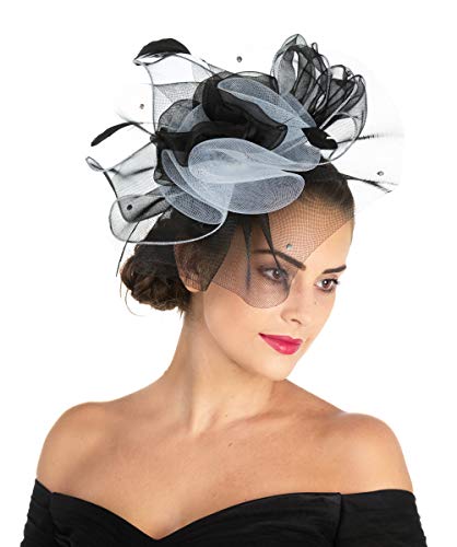 Women's Organza Church Kentucky Derby British Fascinator Bridal Tea Party Wedding Hat Summer Ruffles Cap（F1-Black White Flower） - Thumbnail 6