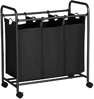 SONGMICS Rolling Laundry Sorter, Laundry Basket with 3 Removable Bags, Laundry Trolley, Toy Organiser on Wheels, Sturdy, 3 x 44L, Black LSF003B