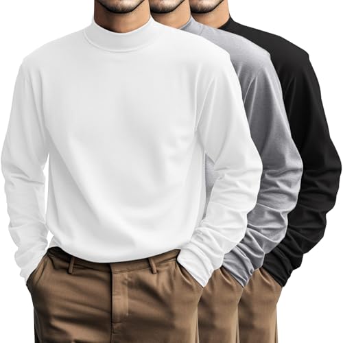 Riyiper 3 Pcs Men's Big and Tall Cotton Shirts Mock Turtleneck Long Sleeve Tops Loose Fit Plus Size Casual Basic Tees