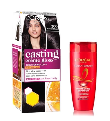 L Oréal Paris Casting Creme Gloss Small Pack Hair Colour Cream, 200 Ebony Black, (21g+ 24ml) + Color Protect Shampoo 82.5ml