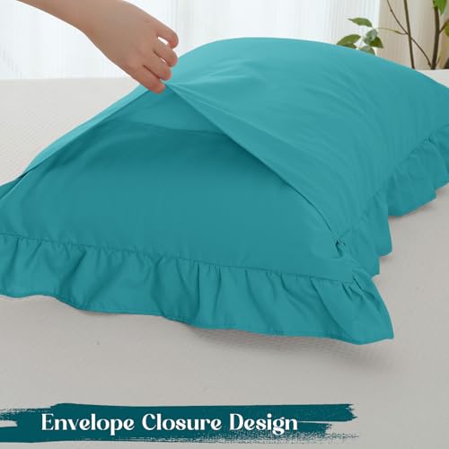Image of Homiest 2-Pieces Ruffle Pillow Case & Fitted Sheet Set, Teal Blue Twin Sheets with Ruffled Pillow Shams, 15 Inch Deep Pocket, Cute & Coquette Microfiber Bed Set for Decorating Bedroom Hotel
