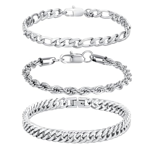 BMMYE 3PCS Mens Silver Bracelets for Men, Cuban Link Chain Figaro Rope Chain Bracelet for Men