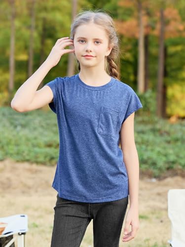 GORLYA 2 Pack Girls Cap Sleeve Summer T-Shirt Multipacks Casual Loose Basic Tee Tops with Pocket 6-14Y3