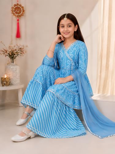 Image of Preneum Girl's Cotton Rayon Bandhani & Lahariya Printed Angrakha Kurta with Sharara & Dupatta