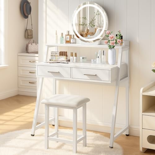 LEMROE Tocador de Maquillaje con Espejo Redondo y Taburete, Luces LED Ajustables, 2 Cajones, Mesa a 2 Niveles, Patas de Metal, Mueble Moderno para Dormitorio (Blanco)