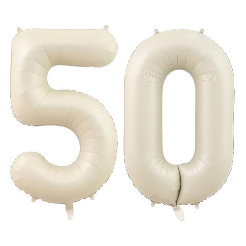 Image of Cream Number 50 Balloons,40 Inch 50 Balloons Giant Helium Foil Mylar Beige 50 Balloon Number for Birthday Party Anniversary Decorations