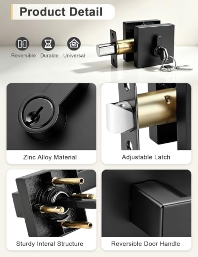 Image of Tinewa 1 Pack Black Passage Door Lever with Single Cylinder Deadbolt, Exterior Square Door Handle with Deadbolt, Modern Door Lock Handleset Keyed Alike