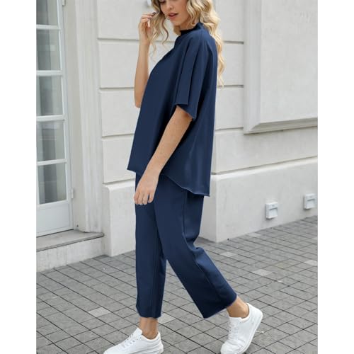 Image of SeeLuNa Women's Two Piece Outfits 3 /4 Batwing Sleeve Capelet Crew Neck Pullover Top Wide Leg Pants Lounge Set