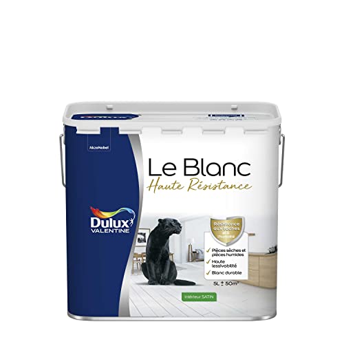 Dulux Valentine Le Blanc Haute Resistance - Peinture Intérieure Murs, Plafonds et Boiseries - Pièces sèches et humides - Satin Blanc 5 L