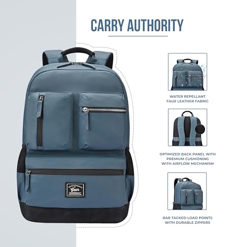 Image of Gear Vintage Boxy 18 inch /26L Medium Faux Leather Water Resistant Laptop Backpack /Casual Backpack /Daypack /Travel Backpack /College Backpack for Men /Women (Navy - Black)