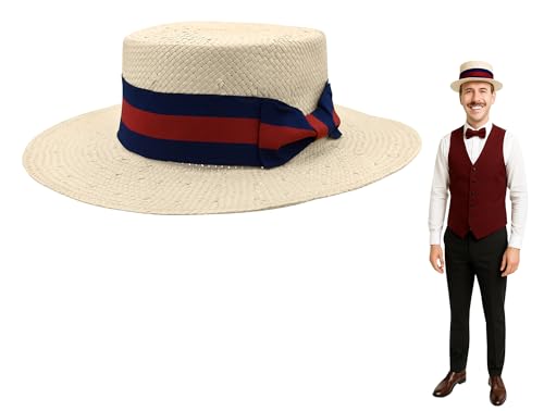 Nicky Bigs Novelties Mens Boater Hat Gatsby Straw Panama Fedora Skimmer Hat for Summer Beach Sun 20s Costume Accessory Red Blue Band Barbershop Derby Patriotic Events and Vacations