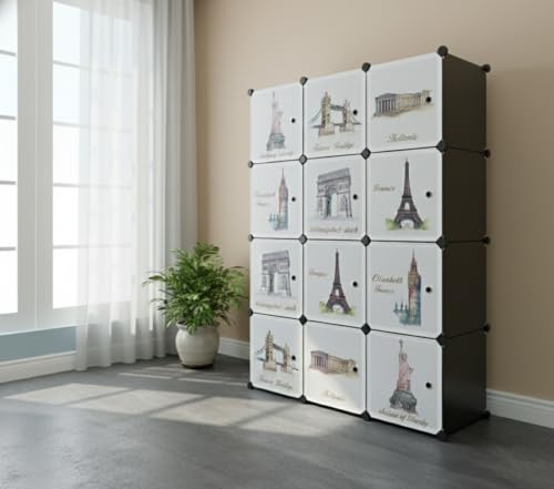 Image of KRISHYAM Kids Modular Storage Cabinet with Travel Landmark Design Doors, 12 Cube Plastic Wardrobe Organizer, DIY Closet System with Hanging Rod, Toy & Clothes Storage (Tower Print, 12 Box)