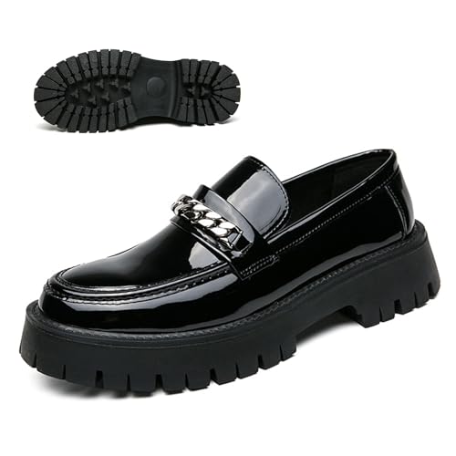 Men's Patent Leather Slip on Platform Loafers with Chain Decor Luxury Round Toe Low Block Lug Sole Business Office Dress Shoes Non-Slip Dating Party Casual Shoes