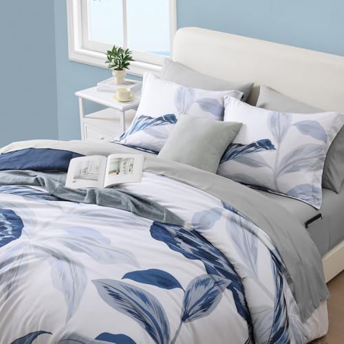 WRENSONGE Queen Comforter Set- 7 Pieces Blue Tropical Leaves Soft Bedding Sets, Coastal Bed in a Bag, Botanical Printed Comforter with Sheets for All Season - Image 6
