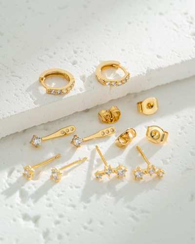 HANCAO 14K Gold Plated Sterling Silver Post | Dainty Earrings Set for Women: Cubic Zirconia Stud Earrings, Jacket Earrings, Ear Climber, Huggie Hoop Earrings for Multiple Piercings (3 Pairs Set) - Thumbnail 5
