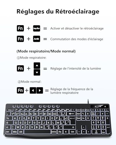 OMOTON Clavier Rétro-éclairé AZERTY, Clavier Filaire avec Grande Touches et pavé Numérique, Keyboard Facile à Lire Compatible PC Windows pour Les Malvoyants, Seniors, Enfants, Bureau et Usage – vue 2