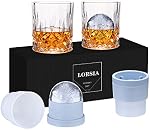 Whiskey Rocks Glass, Set of 4 (2 Crystal Bourbon Glasses, 2 Round Big Ice Ball Molds) in Gift Box - 10 Oz Old Fashioned Glasses for Scotch Cocktail Rum Cognac Vodka Liquor, Unique Gifts for Men