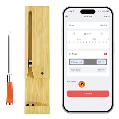 BtcLink Smart Wireless Meat Thermometer with Ultra-Thin Probe, 1.97 inch in Length Probe Tube is Perfect for Small Cuts of Meat, 777FT Bluetooth Digital Cooking Thermometer for Meat, Oven, BBQ, Grill