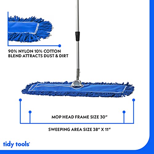 Tidy Tools Commercial Dust Mop & Floor Sweeper, 30 In. Dust Mop For Hardwood Floors, Reusable Dust Mop Head, Extendable Mop Handle, Industrial Dry Mop For Floor Cleaning & Janitorial Supplies, Blue #TOP2