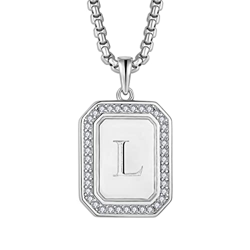 Mens Womens 925 Sterling Silver A-Z Initial Necklace, Cubic Zirconia Dog Tag Pendant Necklace for Men, 24