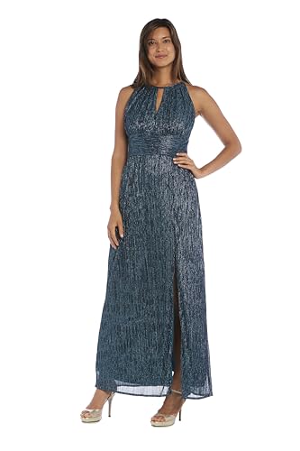 Image of R&M Richards Women's Metallic Crinkle Halter Maxi Gown W /Keyhole, Slit & Shirred Waist