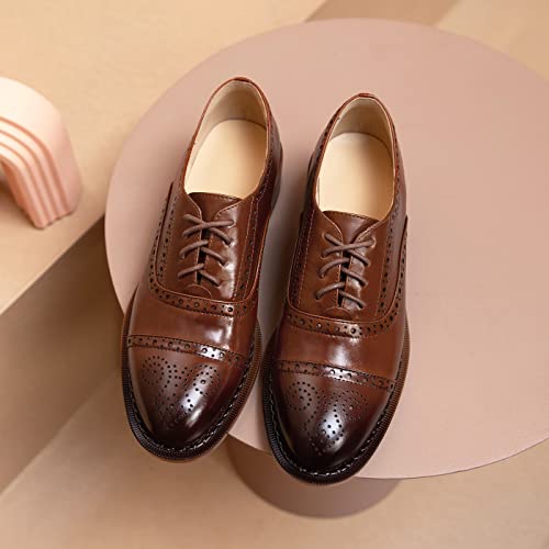 U-Lite Women's Perforated Lace-Up Wingtip Pure Color Leather Flat Oxfords Vintage Oxford Shoes Brown-4 8 #TOP1