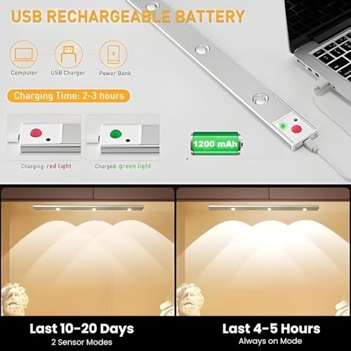 Image of Motion Sensor LED Under Cabinet Light - 40cm USB Rechargeable Wireless Stick-On Lamp | 1200mAh Battery | Dimmable Closet, Kitchen, Wardrobe, Stairs