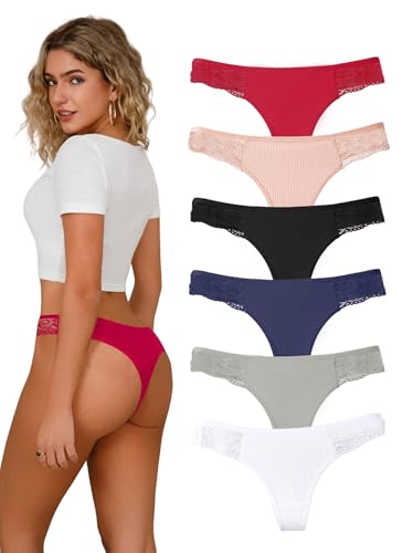 Hialegion Coton Slip Femme Tanga Dentelle sans Couture Caleçon Femme Respirant Elégant Culotte Lingerie Thongs 6 pièces L