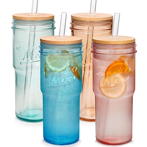 Anotion Colorful Glass Cups With Lids And Straws 4 Packs, 24Oz Travel Coffee Mug Wide Mouth Mason Jar Iced Coffee Cup Smoothie Cup Glass Tumbler Tea Boba Cup Clear Cute Water Cups Drinking Glasses #TOP24