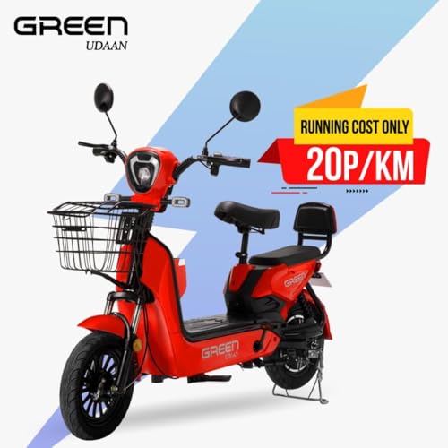 Image of Green Udaan Low Speed Electric Scooter Non RTO 80KM Range Lithium Battery Red with Portable Charger