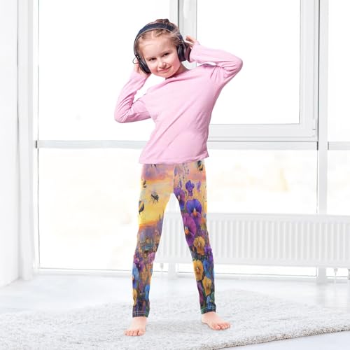Boccsty Bumblebees Colorful Flowers Painting Girls Leggings Kids Yoga Pants Dance Active Tights 4T4